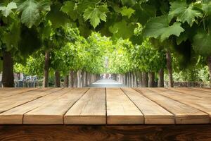 Wooden table top with tree lined path photo