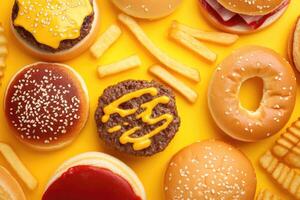 Assorted fast food on a yellow background photo