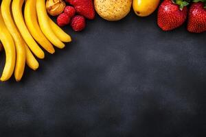 Fresh fruits and bread border on dark surface photo