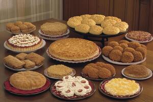 A table with many different types of cakes and pastries photo
