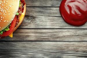 Delicious burger on rustic wooden table with ketchup photo