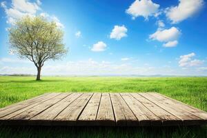 Empty wooden platform in a grassy field under a vibrant sky photo