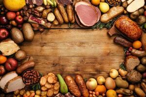 Food arrangement on wooden surface photo