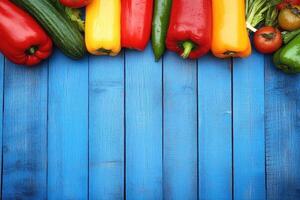 Colorful vegetables arranged on a vibrant blue wooden surface photo