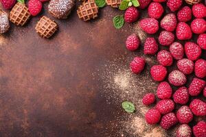 Fresh raspberries and chocolate waffles photo
