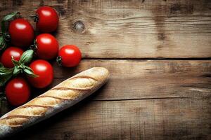 Fresh tomatoes and baguette on rustic wooden table photo