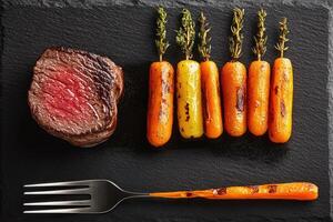 Gourmet steak and roasted carrots photo