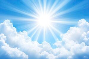 Radiant sunbeams pierce fluffy clouds on a vibrant azure sky photo