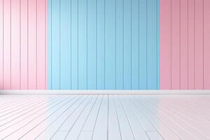 Empty room with pastel pink and light blue walls, white wooden floor photo