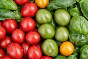 Vibrant mix of fresh tomatoes and basil photo