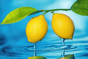 Fresh lemons dripping water onto rippled water photo