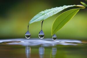 Dewdrops clinging to leaves over water photo