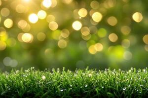 Dew-kissed grass bathed in golden sunlight photo