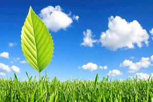 Lush green leaf on vibrant grass under a clear blue sky photo