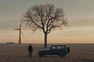 Empty landscape at sunrise with lone figure, tree, and vehicle photo