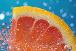 Grapefruit slice submerged in water, bubbles photo