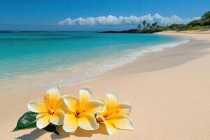 Tropical beach scene with yellow flowers photo