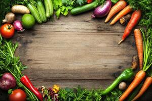Fresh, vibrant vegetables arranged in a frame on a rustic wooden surface photo