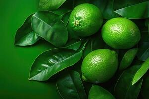 Fresh limes and leaves on a green background photo