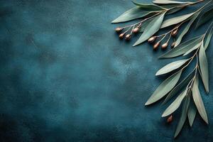 Textural dark teal background with eucalyptus sprigs photo