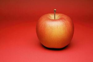Single red apple on red background photo