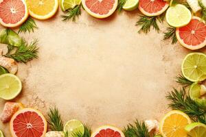 Colorful citrus fruit slices frame photo