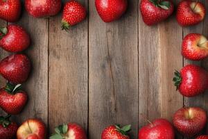Fresh berries and apples border on rustic wood photo