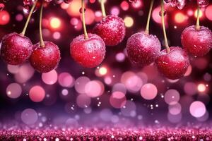 Fresh Cherries with Water Drops against a Festive Background photo