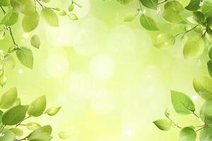 Fresh spring greenery. Soft, light, and airy illustration of vibrant green leaves, branches, and delicate blossoms. A soft, pastel background photo