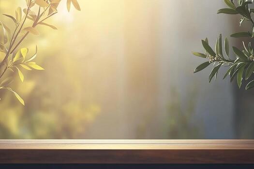 Wooden tabletop with sunlight filtering through foliage photo