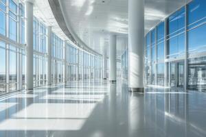 Modern, spacious interior walkway with panoramic views photo