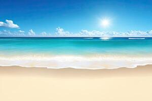 A beach with a blue sky and white sand photo