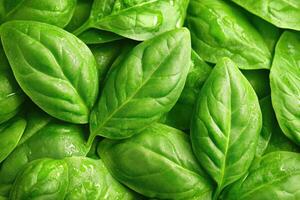 Fresh, vibrant spinach leaves, glistening with water droplets photo
