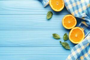 Fresh orange slices on a light blue wooden surface with a checkered cloth photo