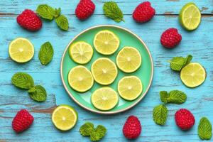 Fresh raspberries, limes, and mint on a teal plate photo