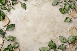 Beige marble surface framed by greenery photo