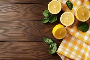 Fresh lemons and basil on a checkered cloth photo