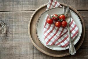 A rustic table setting with fresh tomatoes photo