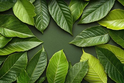 Fresh green leaves arranged in a circle photo