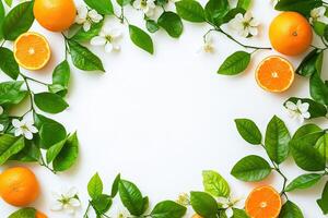 Fresh citrus fruits and blossoms frame photo