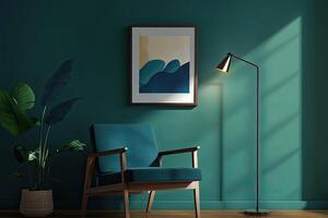 Teal-toned room with mid-century chair and abstract art photo
