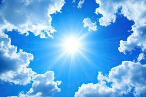 Bright sun shining through fluffy clouds photo