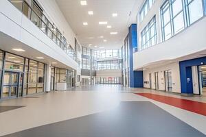 Modern, bright school hallway with ample natural light photo