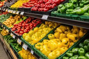 Colorful produce display. Fresh vegetables in various containers photo