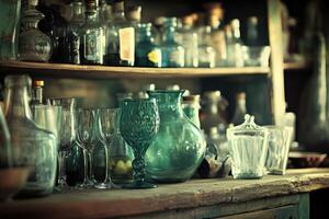 Vintage glassware and bottles on antique shelves photo