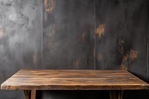 Rustic wooden table against a dark textured wall photo
