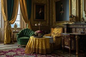 Luxurious, opulent sitting room with antique furnishings photo