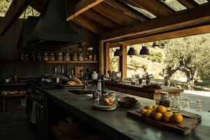 Rustic kitchen with outdoor views photo
