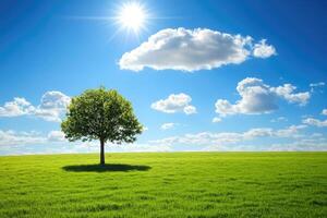 A solitary tree stands tall in a vibrant green meadow beneath a clear, sunny sky photo