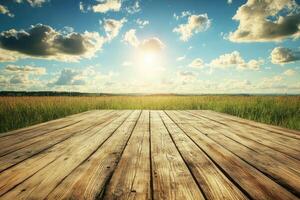 Rustic wooden deck overlooking a summer field photo